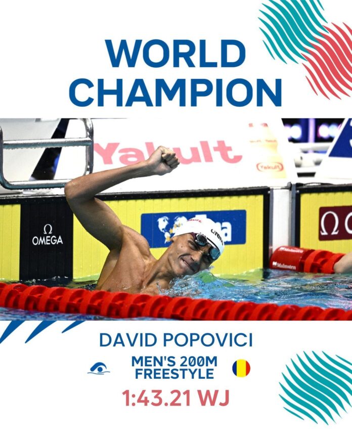 Înotătorul David Popovici, campion mondial la 200 metri liber la Budapesta