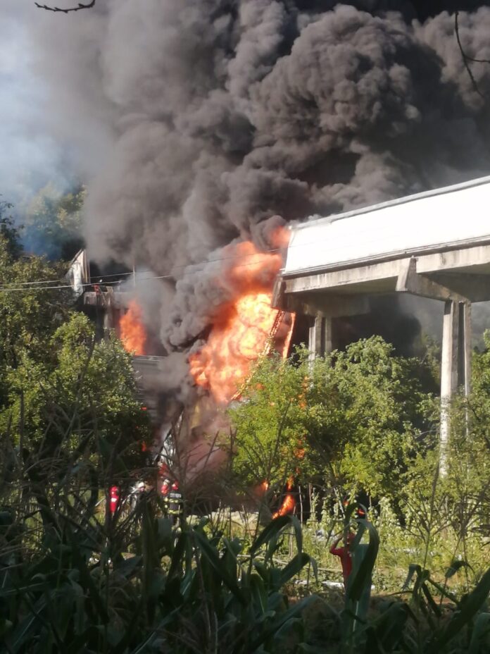 VIDEO| Incendiu la banda transportoare a unei fabrici din județ. Pompierii au intervenit cu mai multe autospeciale de stingere