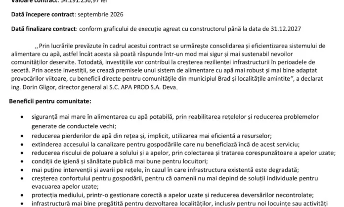 Apa Prod modernizează rețelele de apă și canalizare din Brad și șase comune