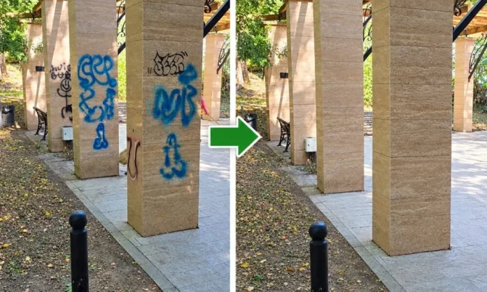 Graffiti pe stâlpii din Parcul „Cetate” din Deva. SPÎGM a curățat zonele afectate