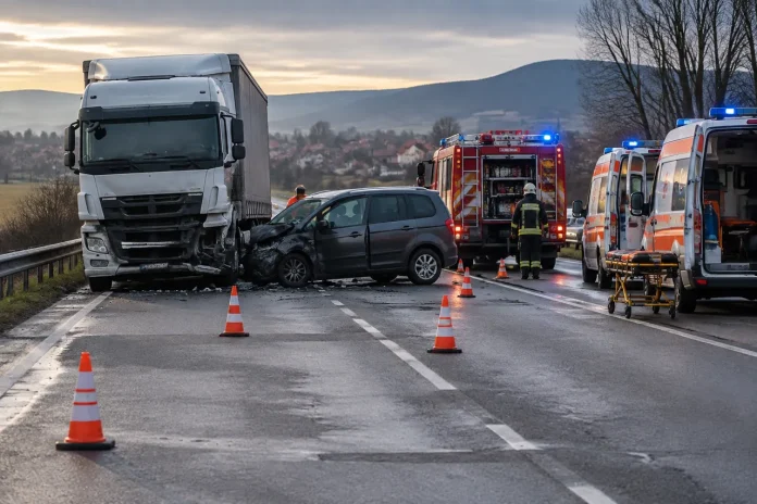 Impact între un monovolum și un TIR pe DN66, la Băcia