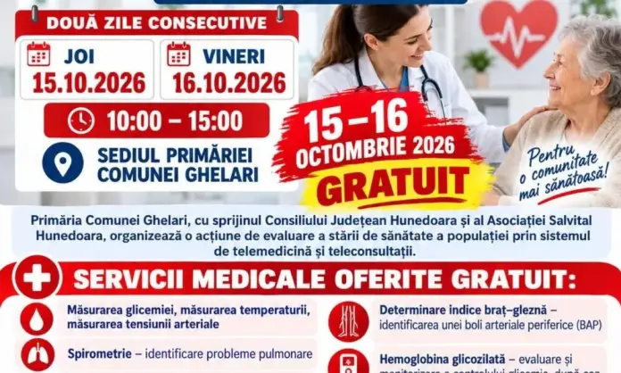 Ghelari: consultații și investigații medicale gratuite în zilele de 15 și 16 octombrie